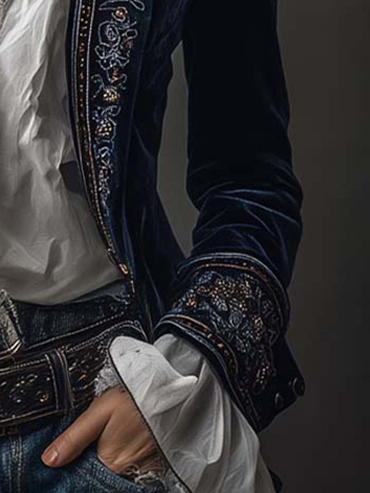 Vintage Navy Blue Embroidered Long Jacket