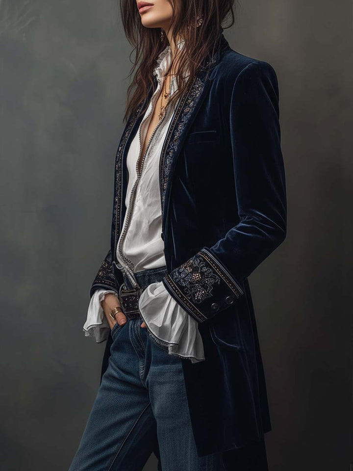 Vintage Navy Blue Embroidered Long Jacket
