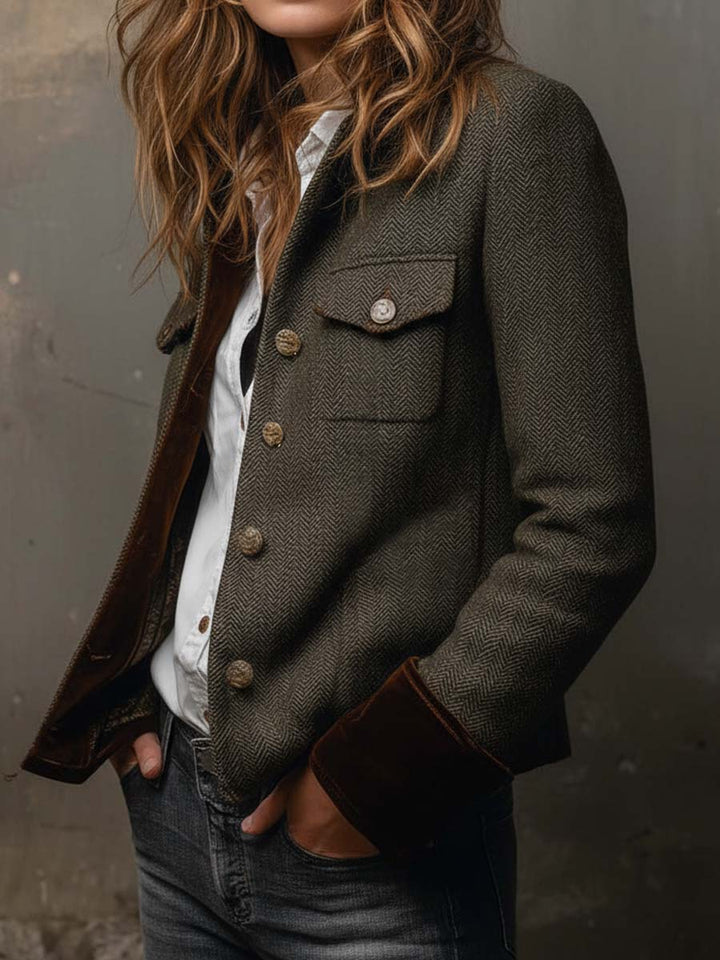 Vintage Chevron Blazer with Contrast Piping