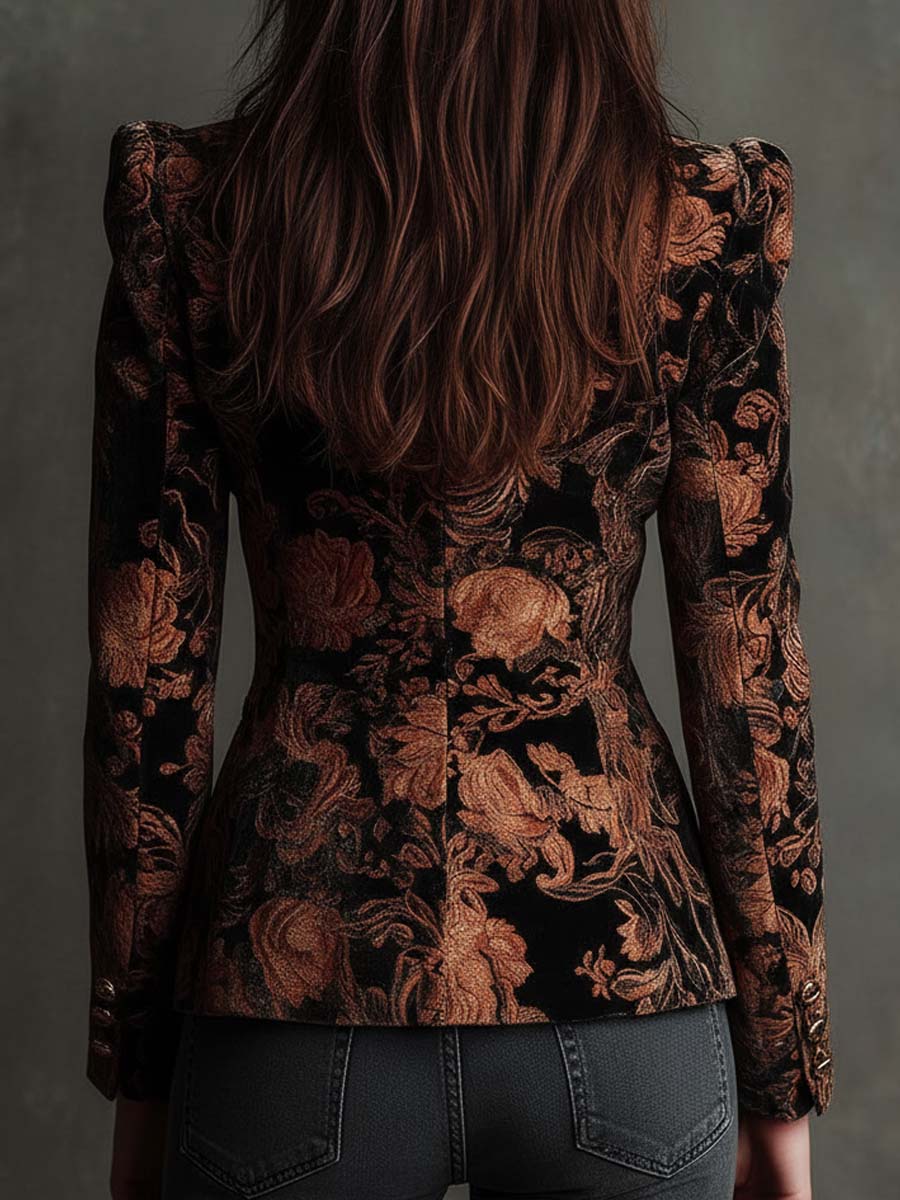 Floral Print Black and Bronze Tailored Blazer
