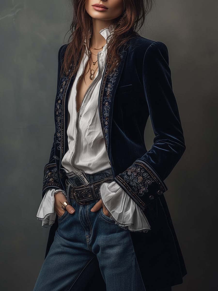 Vintage Navy Blue Embroidered Long Jacket