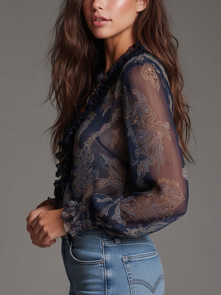 Navy Baroque Zip Chiffon Blouse