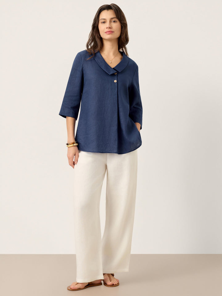 Linen Asymmetric Collar Inverted Pleat Top