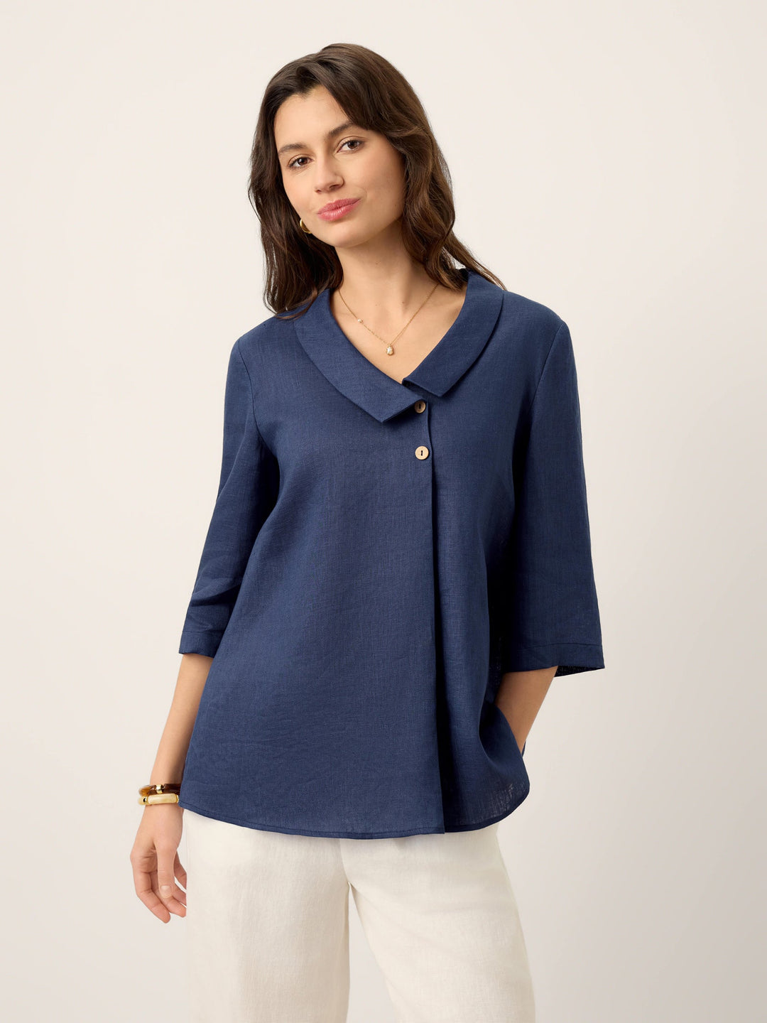 Linen Asymmetric Collar Inverted Pleat Top