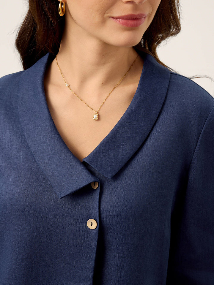 Linen Asymmetric Collar Inverted Pleat Top