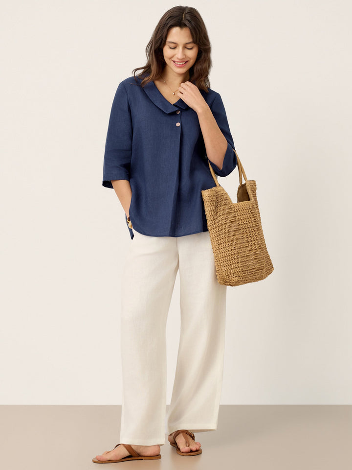 Linen Asymmetric Collar Inverted Pleat Top