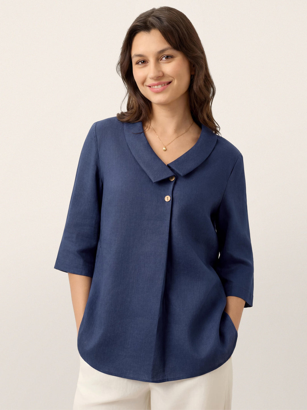 Linen Asymmetric Collar Inverted Pleat Top