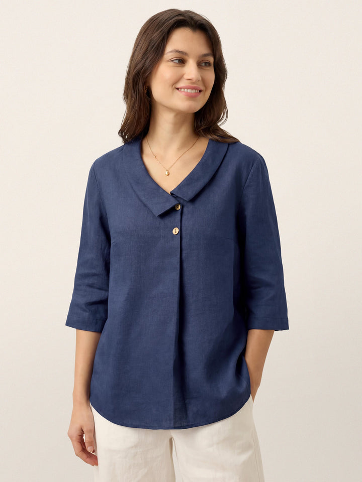 Linen Asymmetric Collar Inverted Pleat Top