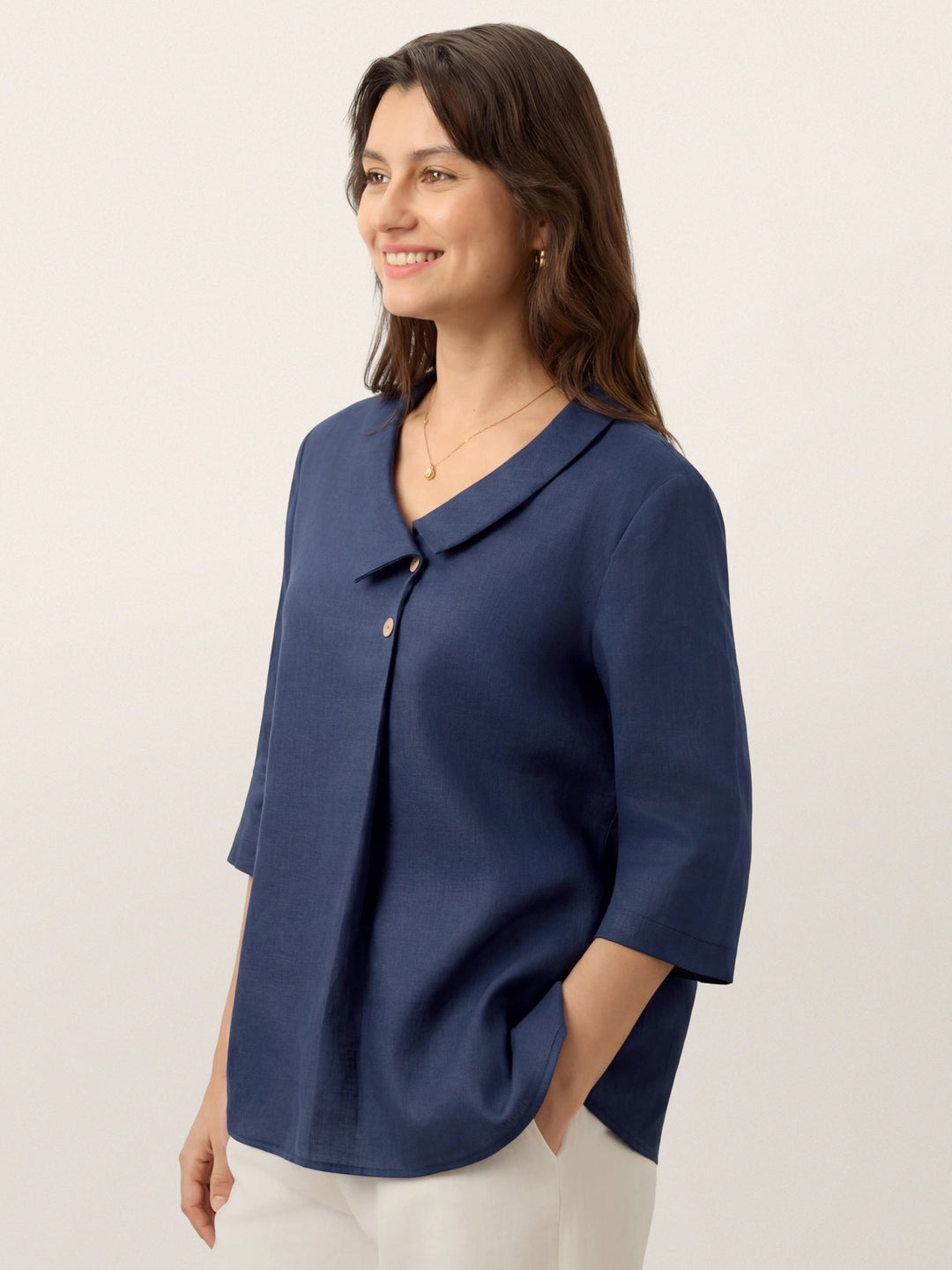 Linen Asymmetric Collar Inverted Pleat Top