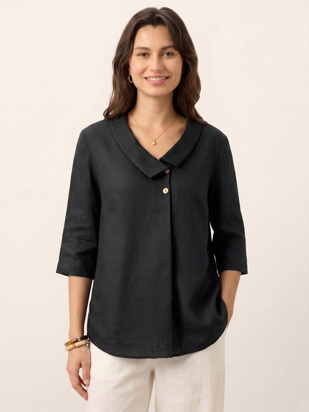 Linen Asymmetric Collar Inverted Pleat Top