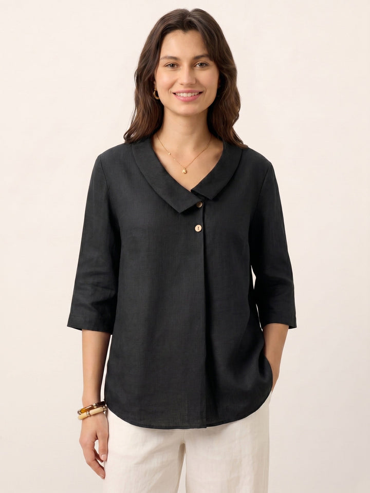 Linen Asymmetric Collar Inverted Pleat Top
