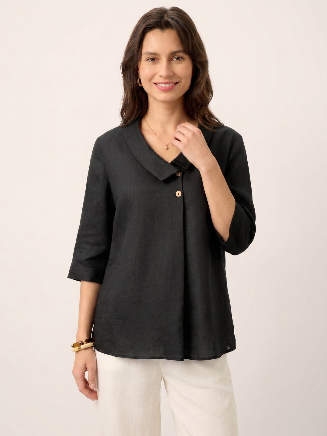 Linen Asymmetric Collar Inverted Pleat Top