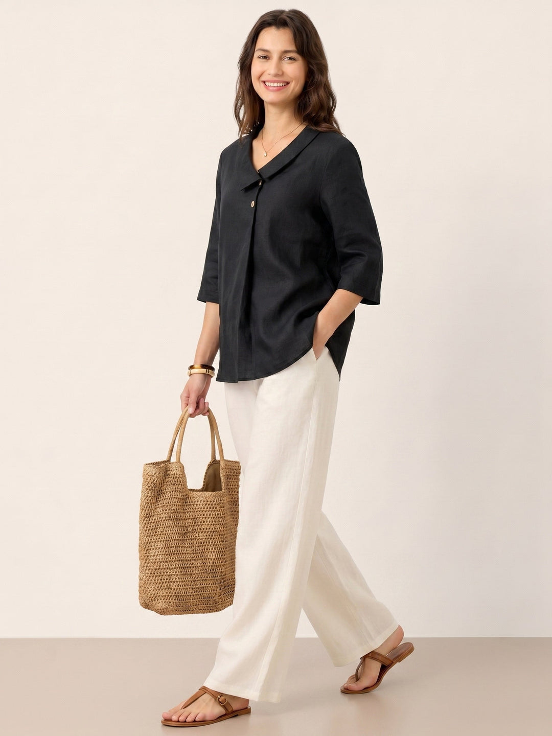 Linen Asymmetric Collar Inverted Pleat Top