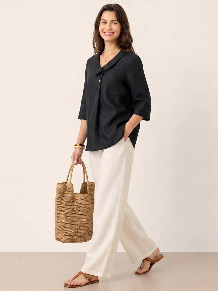 Linen Asymmetric Collar Inverted Pleat Top