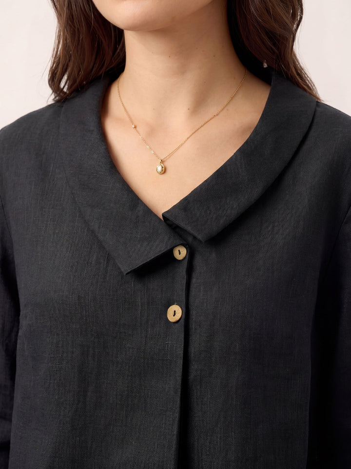 Linen Asymmetric Collar Inverted Pleat Top