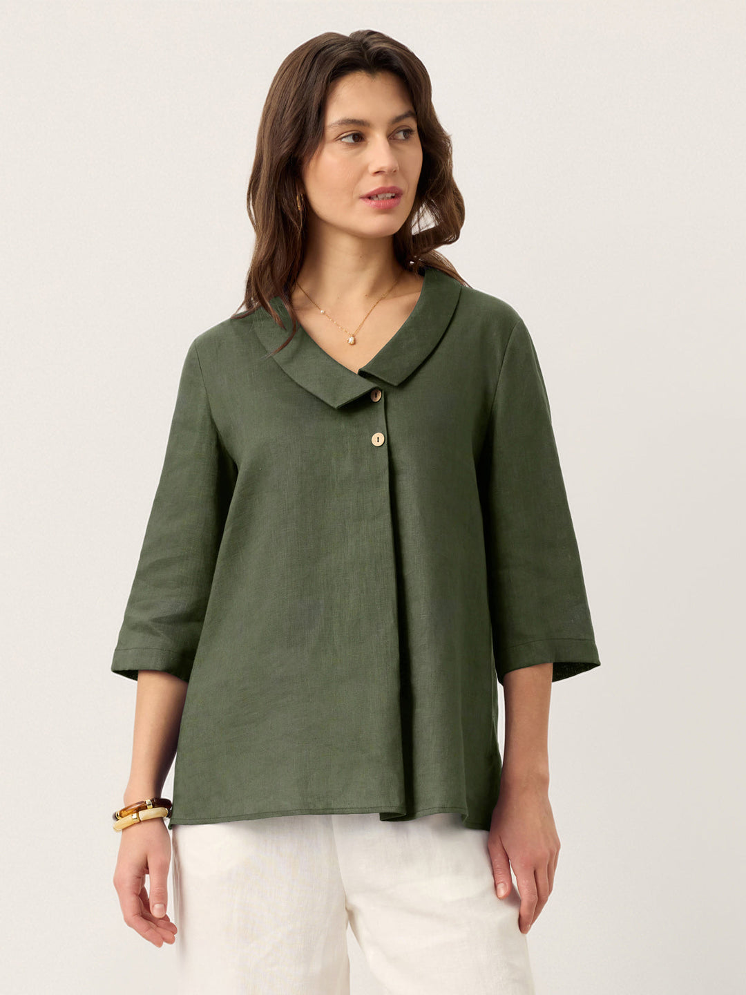 Linen Asymmetric Collar Inverted Pleat Top