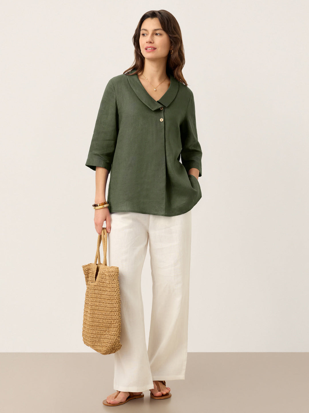 Linen Asymmetric Collar Inverted Pleat Top