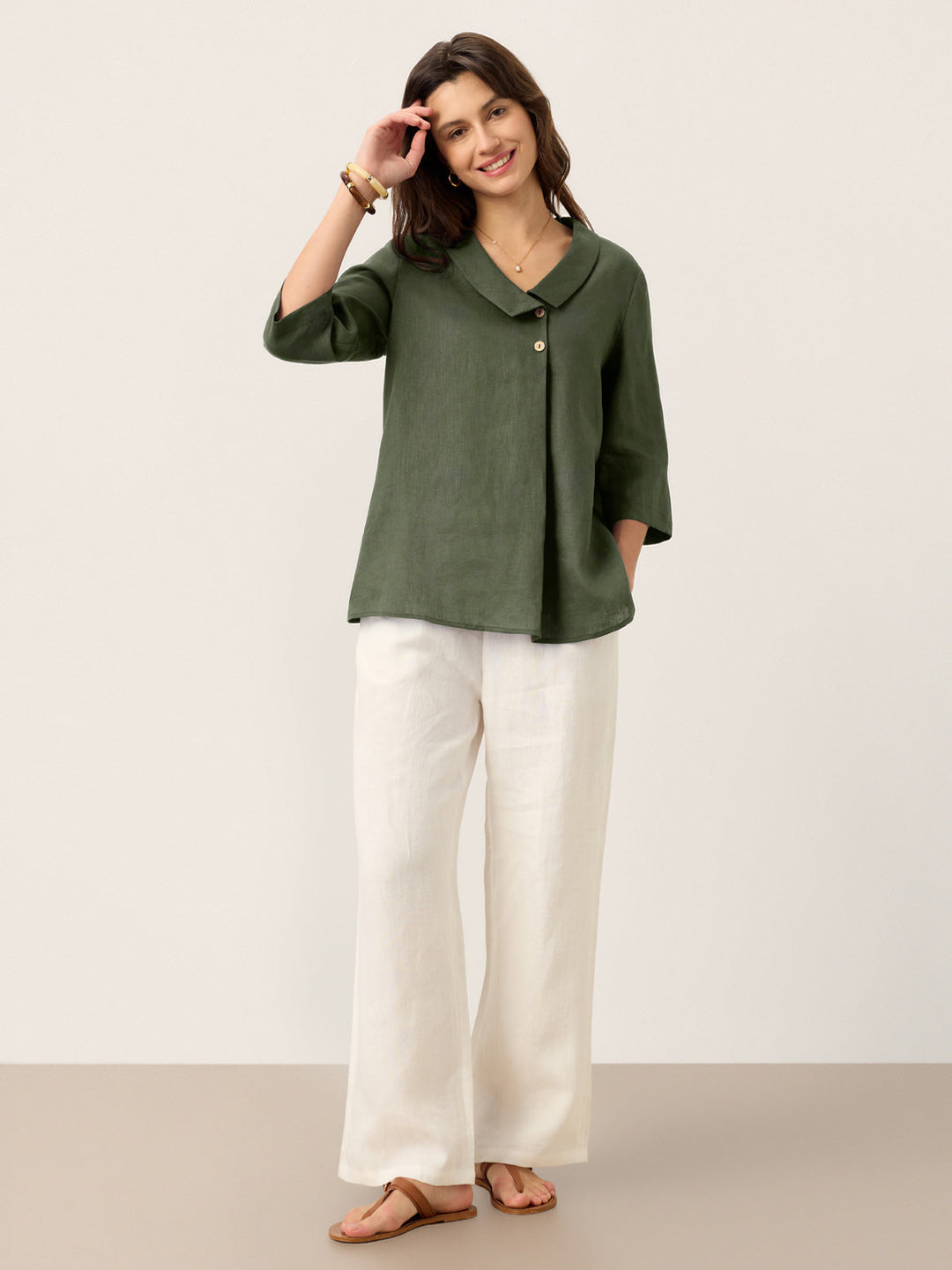 Linen Asymmetric Collar Inverted Pleat Top