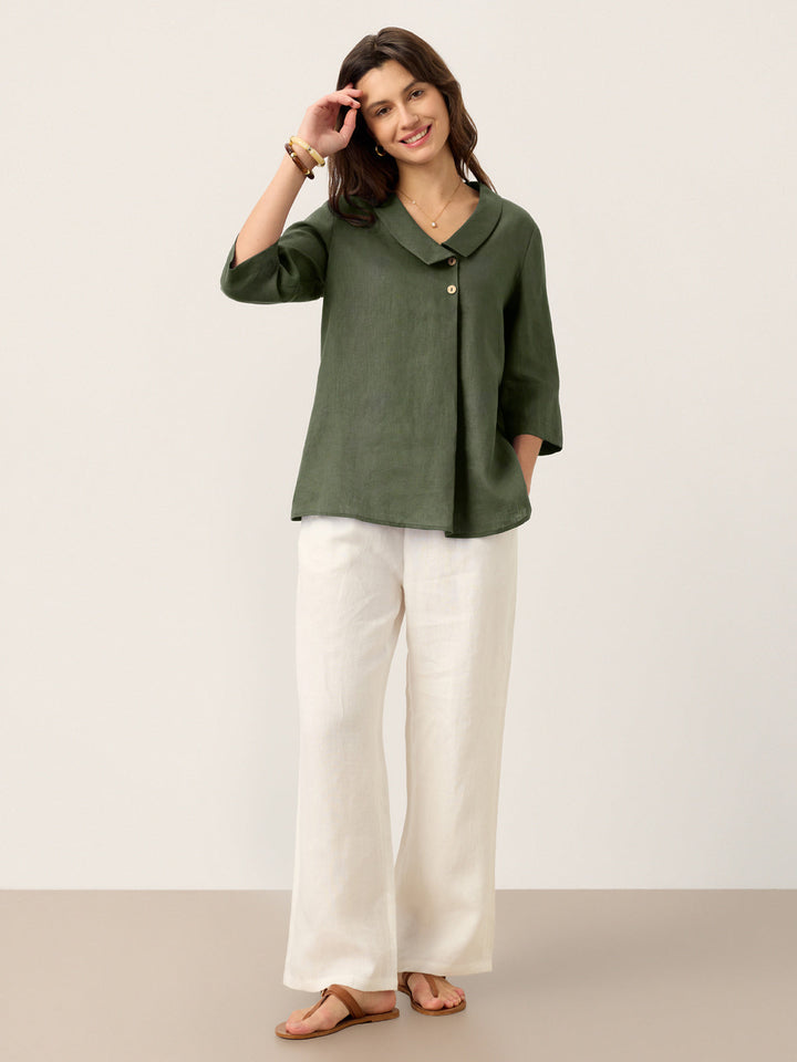 Linen Asymmetric Collar Inverted Pleat Top