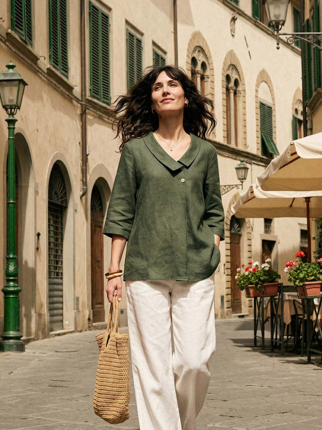 Linen Asymmetric Collar Inverted Pleat Top