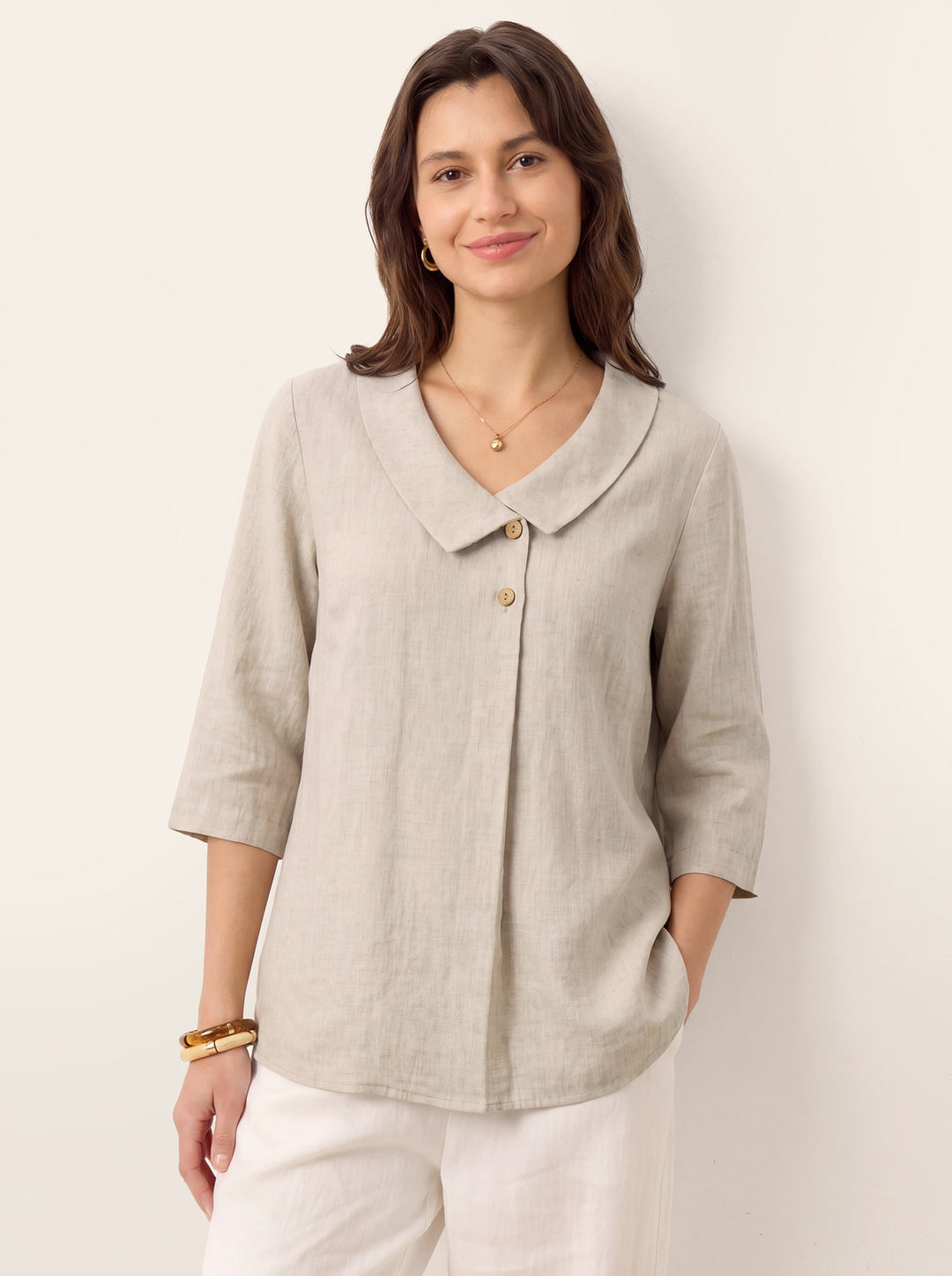 Linen Asymmetric Collar Inverted Pleat Top