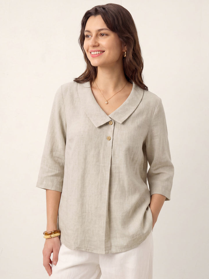 Linen Asymmetric Collar Inverted Pleat Top