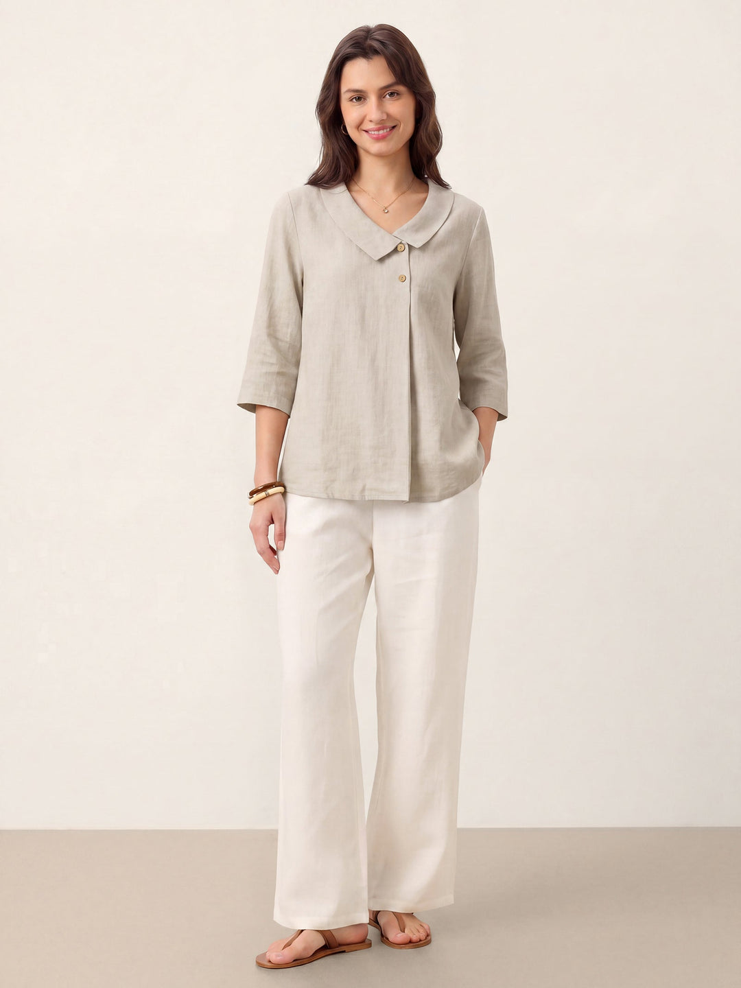 Linen Asymmetric Collar Inverted Pleat Top