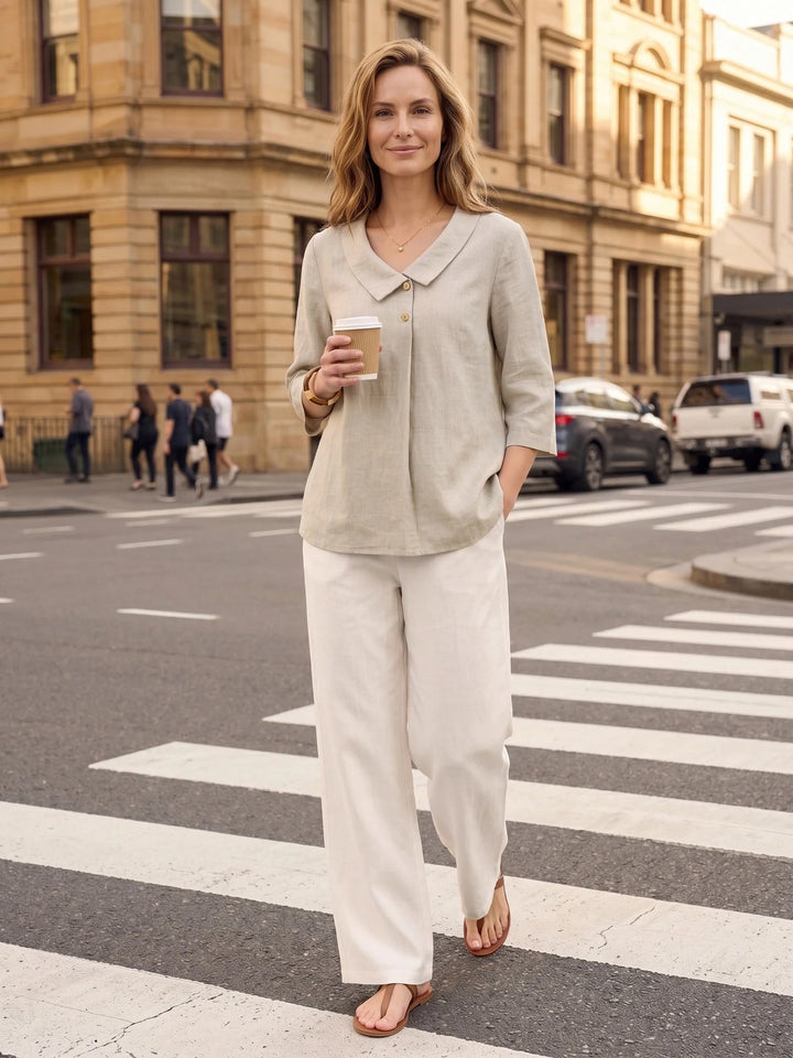 Linen Asymmetric Collar Inverted Pleat Top