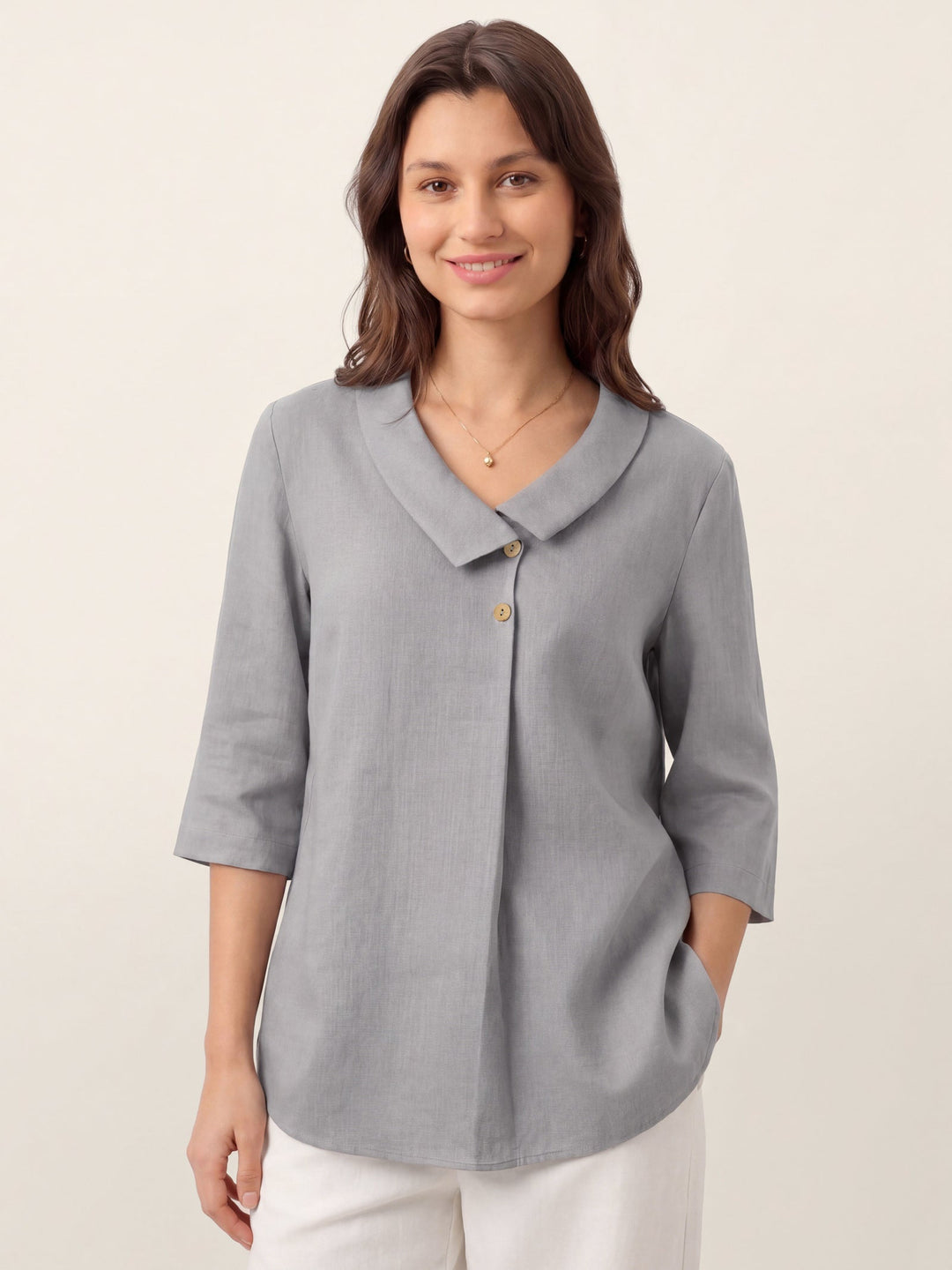 Linen Asymmetric Collar Inverted Pleat Top