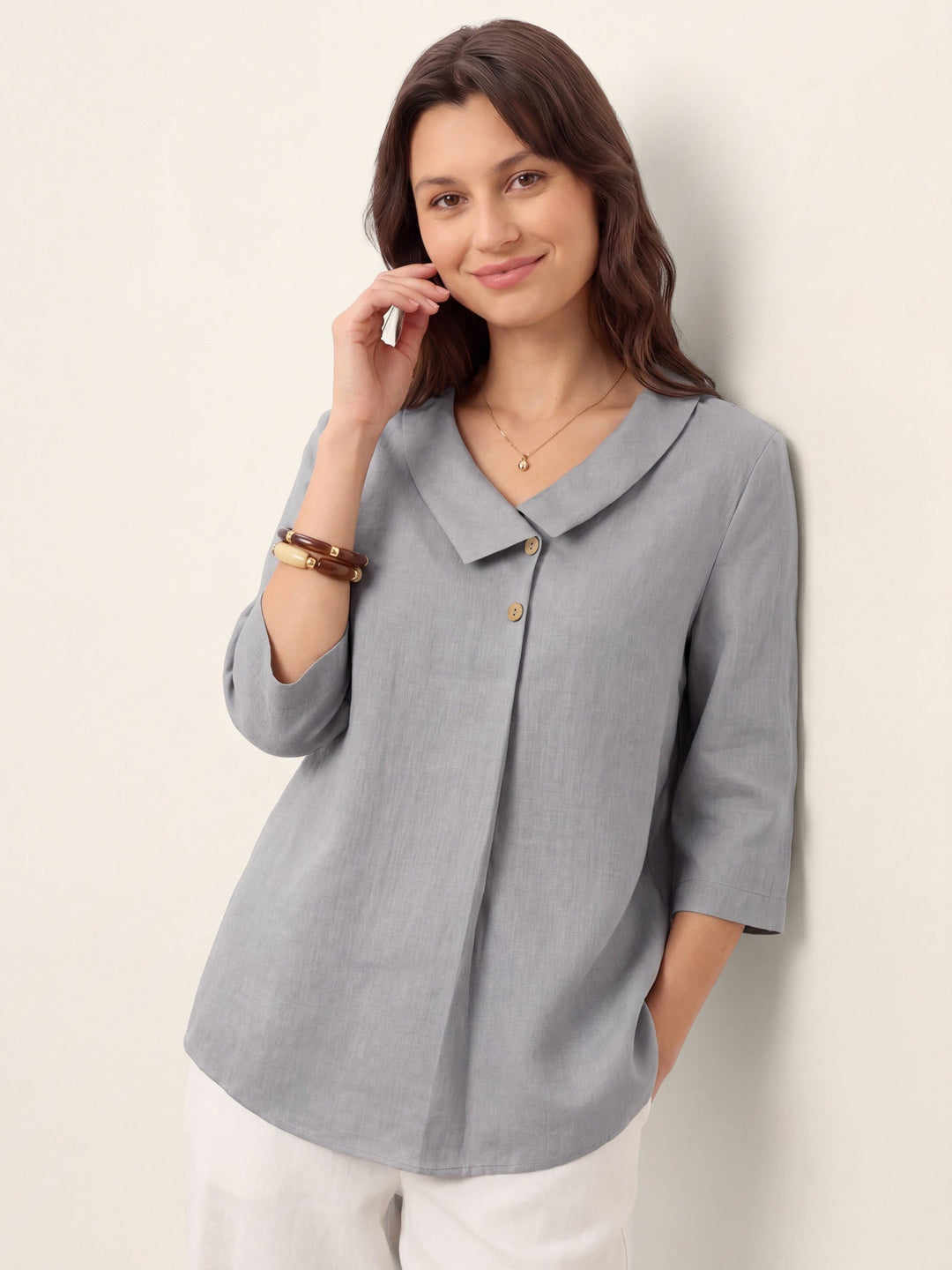 Linen Asymmetric Collar Inverted Pleat Top