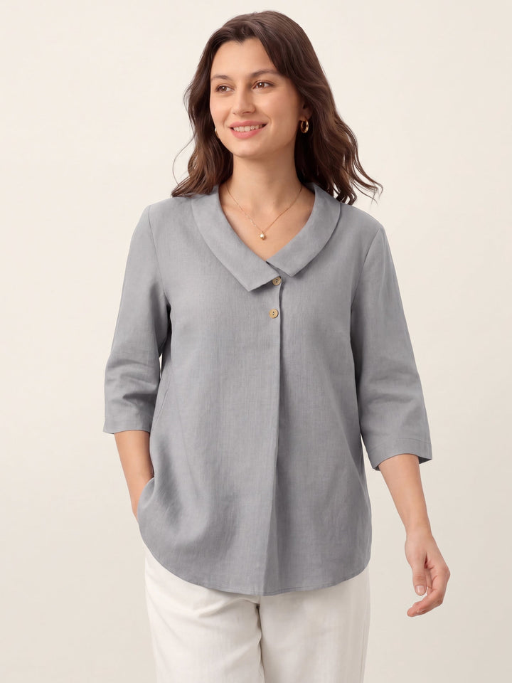 Linen Asymmetric Collar Inverted Pleat Top