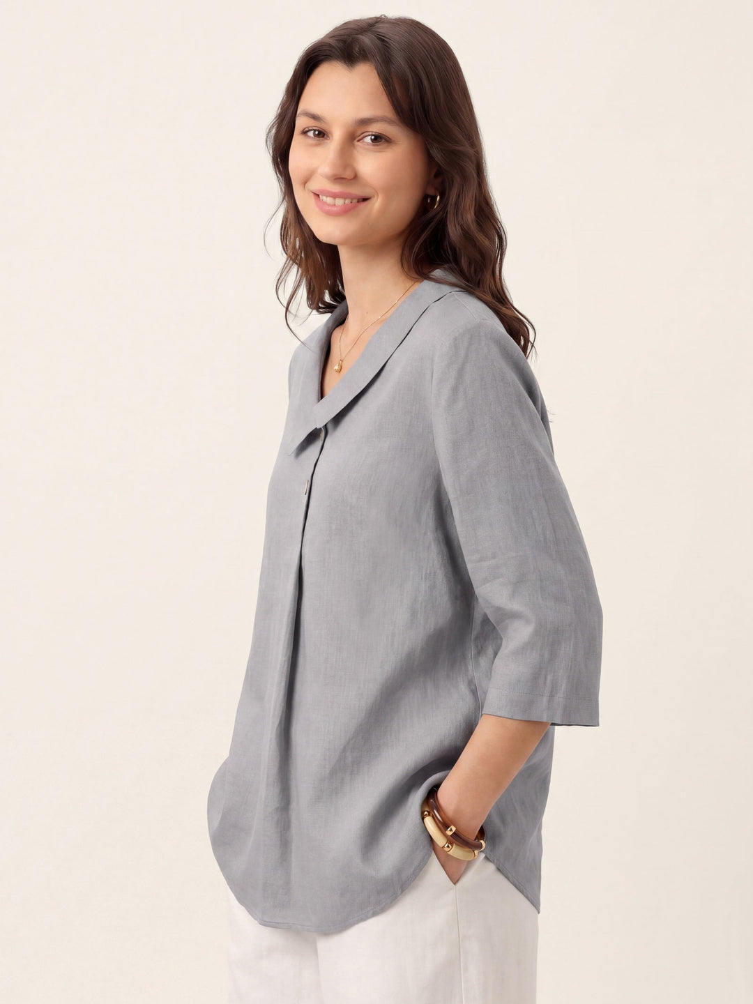Linen Asymmetric Collar Inverted Pleat Top