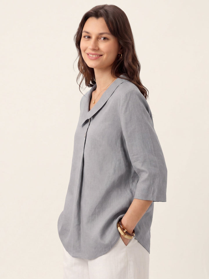 Linen Asymmetric Collar Inverted Pleat Top