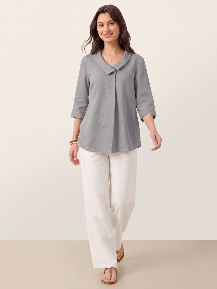 Linen Asymmetric Collar Inverted Pleat Top