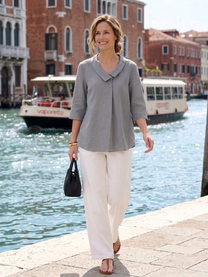 Linen Asymmetric Collar Inverted Pleat Top