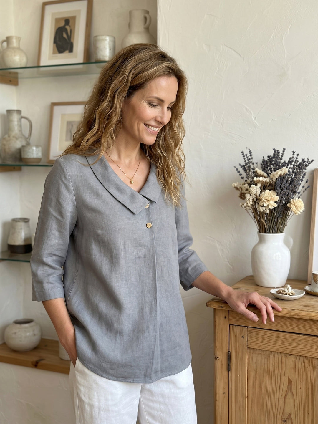 Linen Asymmetric Collar Inverted Pleat Top