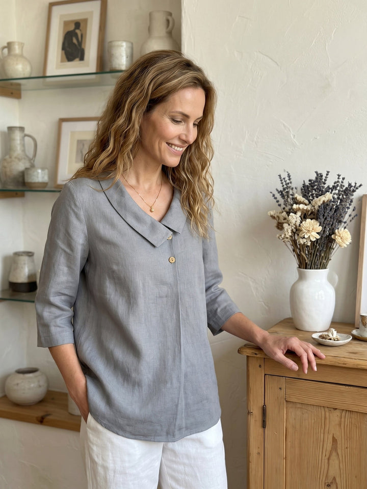 Linen Asymmetric Collar Inverted Pleat Top