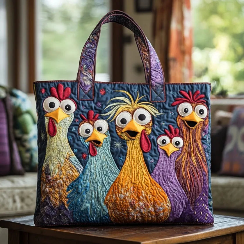 Handmade Quilted Tote Bag with Chickens