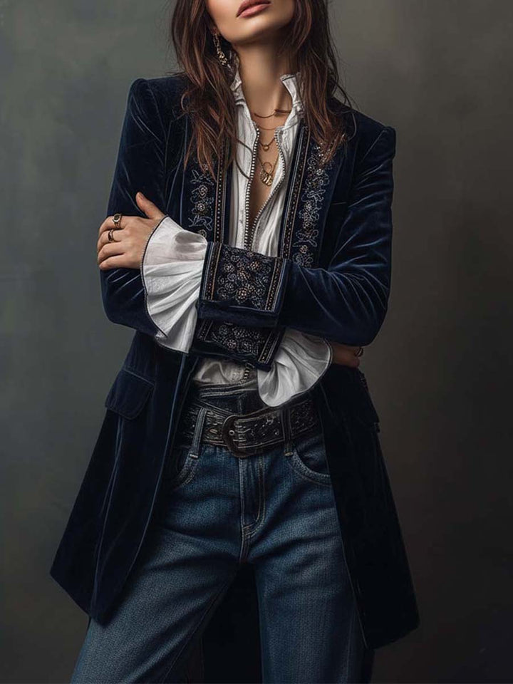 Vintage Navy Blue Embroidered Long Jacket