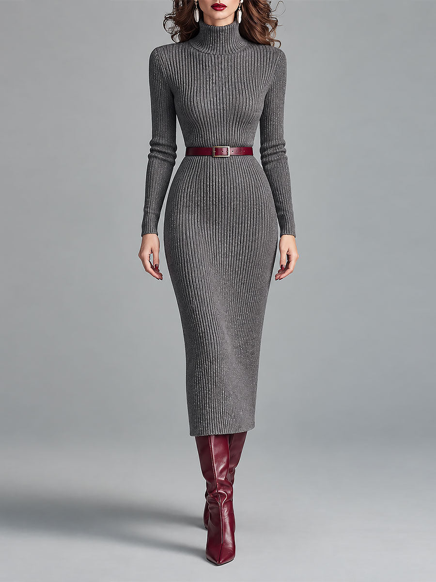 Elegant High Neck Ribbed-knit Slim-fit Midi Dress With Belt