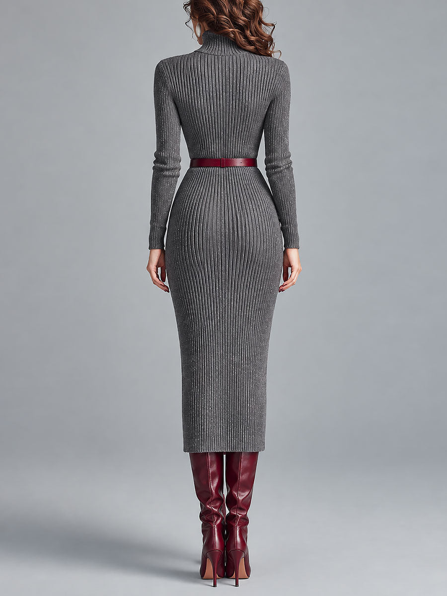 Elegant High Neck Ribbed-knit Slim-fit Midi Dress With Belt