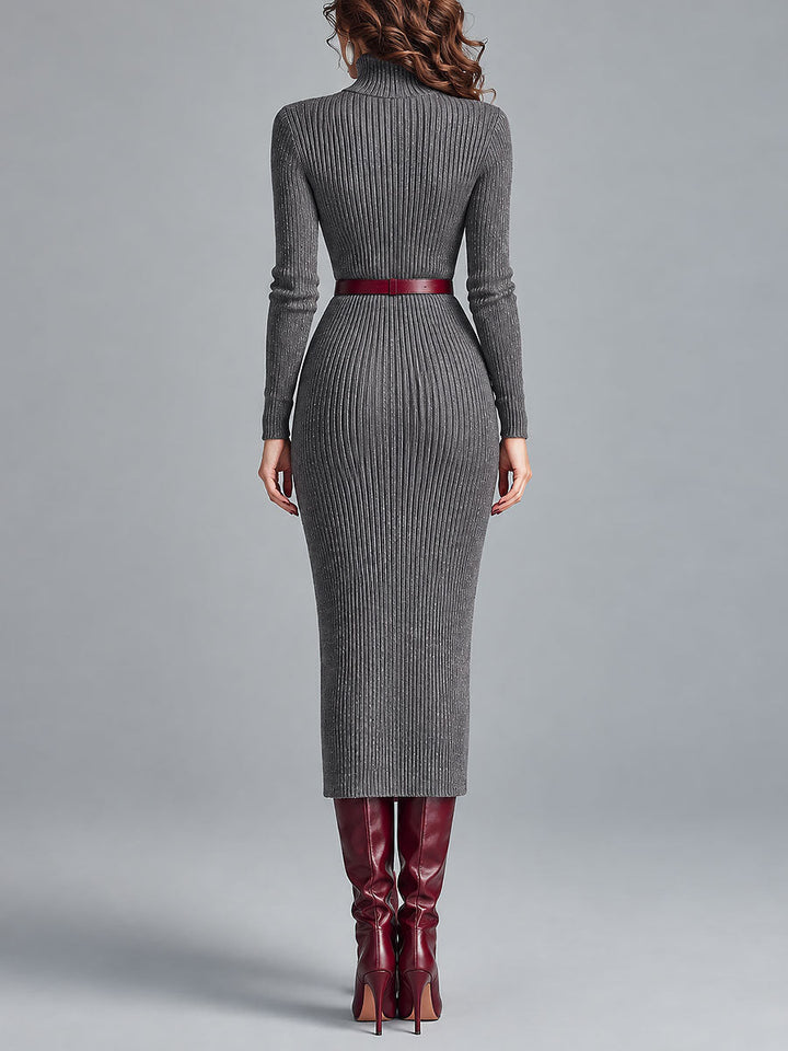Elegant High Neck Ribbed-knit Slim-fit Midi Dress With Belt