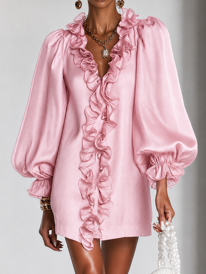 Ruffled Puff-Sleeve Loose Straight-Cut Mini Dress