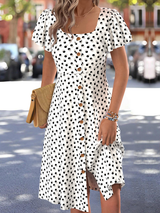 White Polka Dot Short Sleeve Square Neck Dress