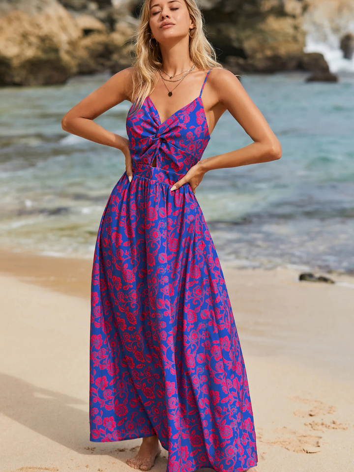 Floral Print Knotted V-Neck Maxi Dress