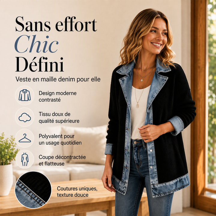 Manteau en maille côtelée élégant pour femme avec empiècements en jean