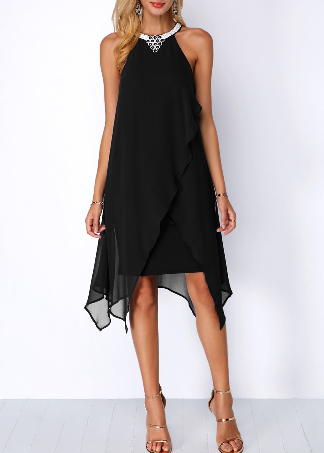 Sarah | Embellished Neck Asymmetric Hem Chiffon Dress