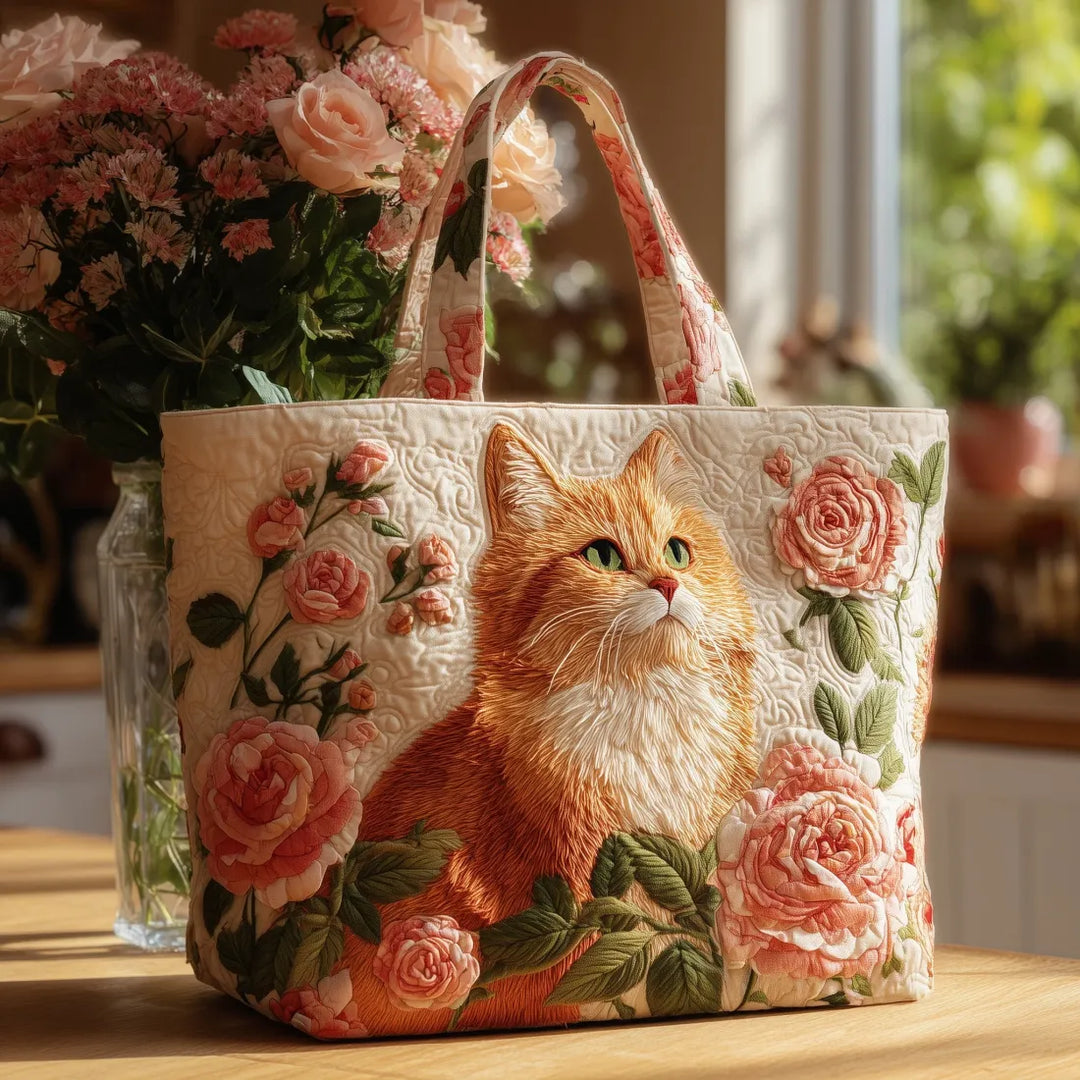 Padded Tote Bag with Cat and Roses