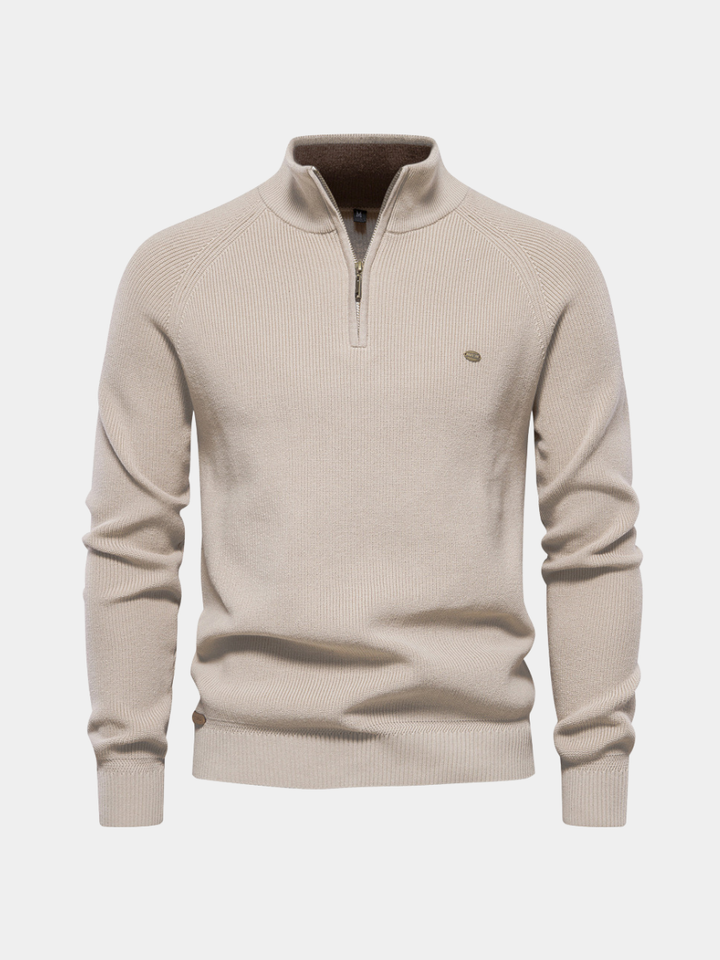 Ribbed Half-Zip Knit Jumper in Stone
