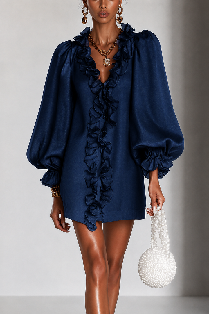Ruffled Puff-Sleeve Loose Straight-Cut Mini Dress